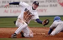 Image 28A shortstop tries to tag out a runner who is sliding head first, attempting to reach second base. (from Baseball)